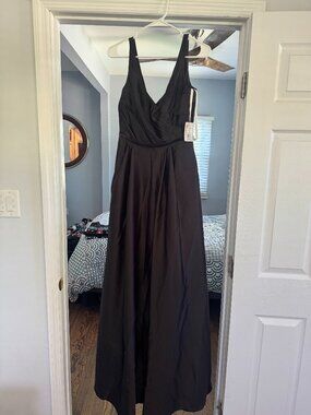 navy blue bridesmaid dress long Wedtrend Dark Navy A Line V Neck Floor Length Long Chiffon Bridesmaid Dress  With Slit Wedding Party Dress – WEDTREND main image 0